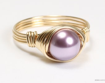 Gold Purple Pearl Ring Modern Minimalist 8mm Round Mauve Solitaire Right Hand Ring Handmade Jewelry
