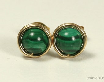 Gold Malachite Stud Earrings - Wire Wrapped Small Round Green Gemstone Handmade Jewelry for Women