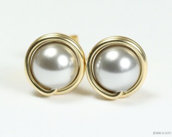 Gold Silver Gray Pearl Stud Earrings Handmade Jewelry