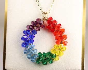Rainbow Pendant Necklace Gold Filled Multicolored Beaded Austrian Crystals Red Orange Yellow Green Blue Indigo Violet Handmade Jewelry