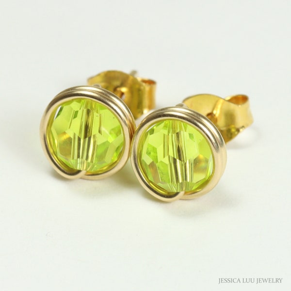 Gold Chartreuse Green Stud Earrings - 14K Gold Filled Wire Wrapped Small Round Lime Citrus Crystal Posts Handmade Jewelry
