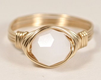 Gold White Alabaster Crystal Ring - 14K Gold Filled Wire Wrapped Round Solitaire Right Hand Ring Handmade Jewelry Gifts for Women