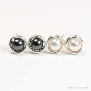 Set of Two Pairs Tiny Pearl Stud Earrings White and Black Pearls 4mm Round Sterling Silver Minimalist Handmade Jewelry Wire Wrapped