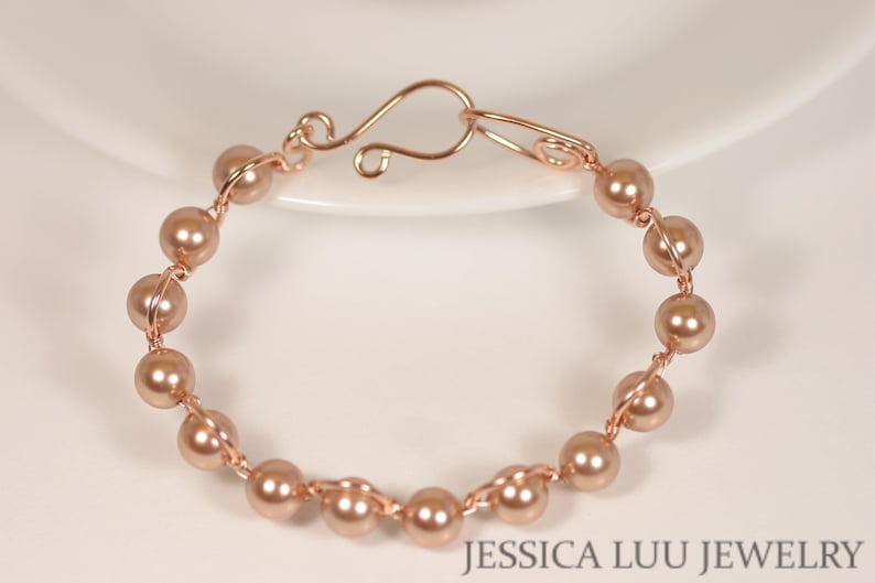 14K rose gold filled bracelet 7.5 inches around with multiple 8mm rose gold metallic pearls handmade by Jessica Luu Jewelry