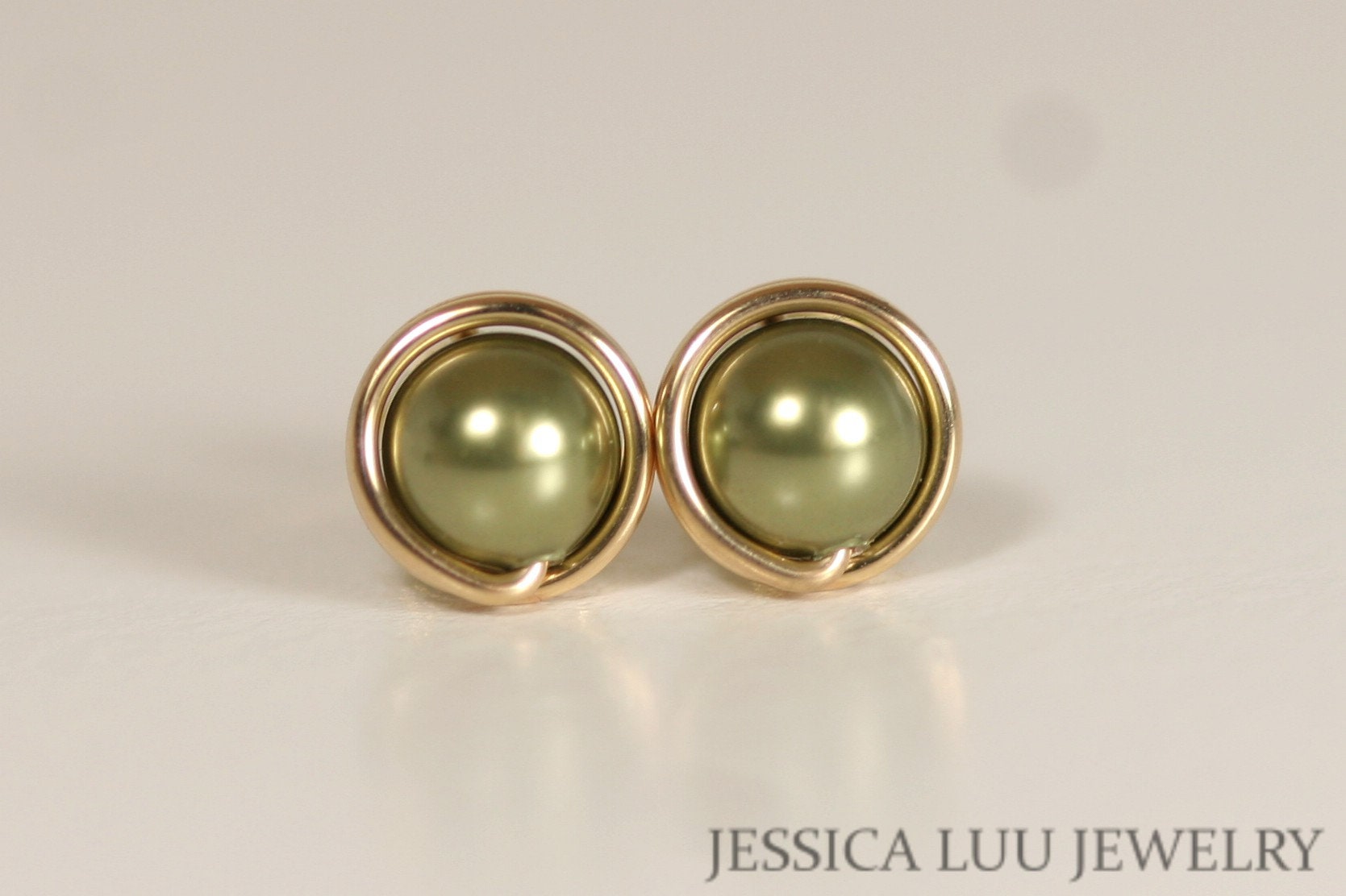 Gold Olive Green Pearl Stud Earrings with Light Green Etsy