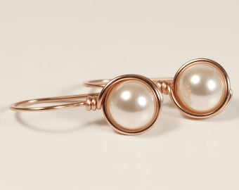 Rose Gold Earrings Wire Wrapped Jewelry Pearl Drop Earrings Rose Gold Pearl Earrings Bridal Pearl Earrings Creamrose Pearl
