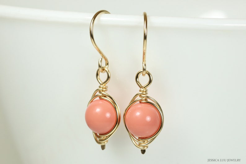 Gold Pink Coral Earrings 14K Yellow or Rose Gold Filled Wire Etsy
