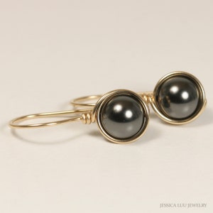 Gold Black Pearl Earrings 14K Yellow or Rose Gold Filled Wire Wrapped Round Drops Handmade Jewelry Matching Necklace Set