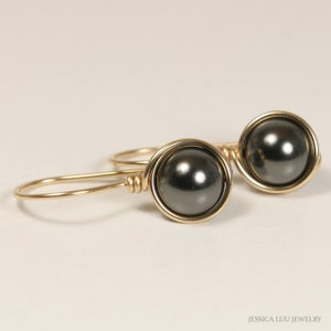 Gold Black Pearl Earrings - 14K Yellow or Rose Gold Filled Wire Wrapped Round Drops Handmade Jewelry