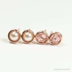 Set of Two Pairs Tiny Pearl Stud Earrings Creamrose Blush Pink 4mm Round Crystals Rose Gold Minimalist Handmade Jewelry Wire Wrapped