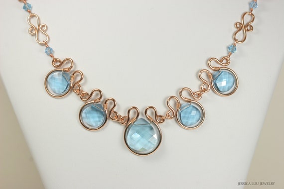Rose Gold Aquamarine Statement Necklace Artisan Handmade Blue