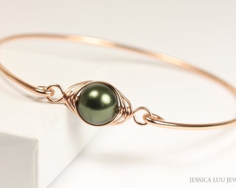 Dark Olive Green Pearl Bangle Bracelet, Yellow or Rose Gold Bracelet, Pearl Bracelet, Gifts for Women, 14K Gold Filled, Wire Wrapped