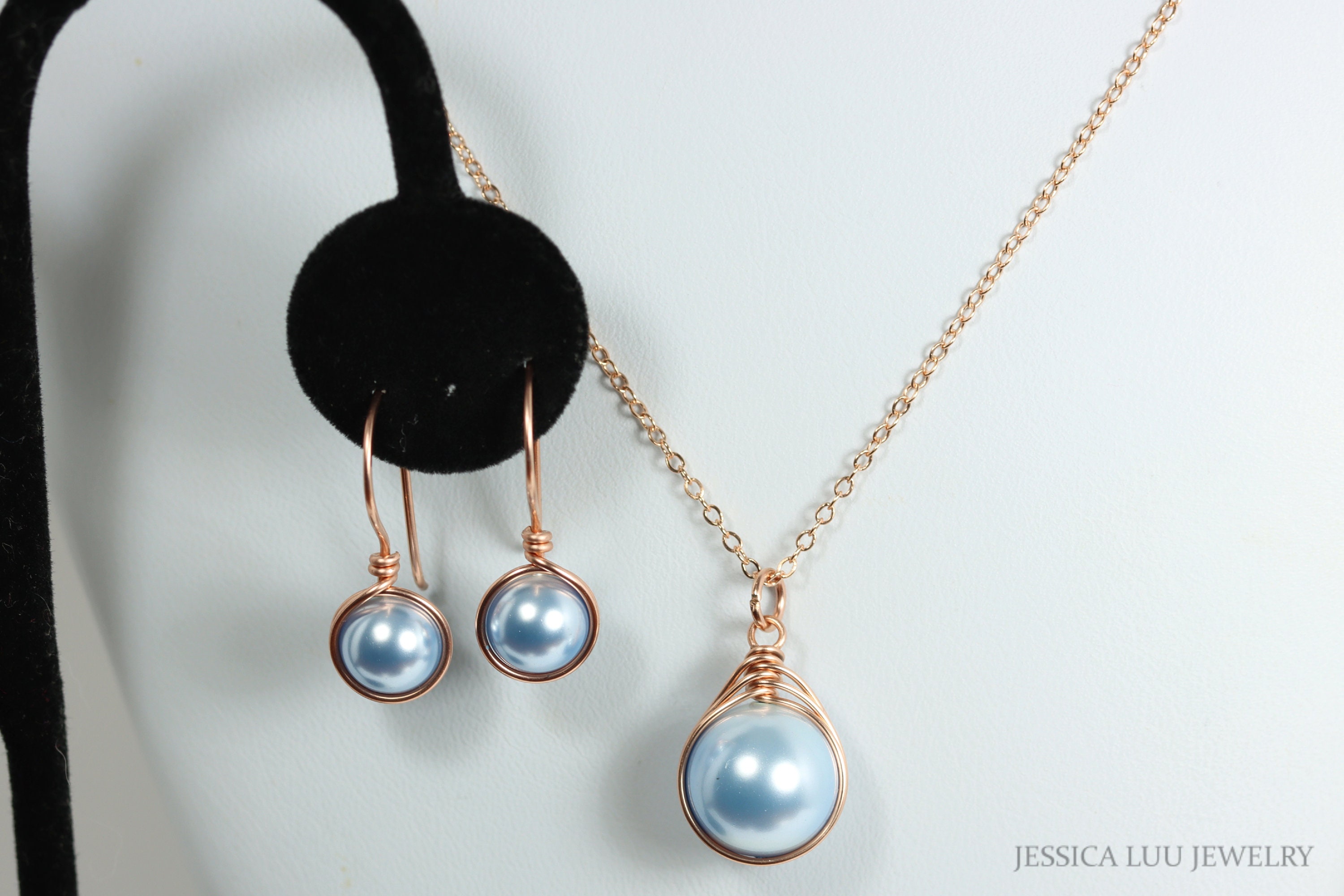 Rose Gold Light Blue Pearl Necklace Rose or Yellow Gold Wire