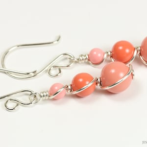 Salmon Pink and Orange Coral Earrings  Sterling Silver Wire Wrapped Three Crystal Pearl Drop Handmade Jewelry for Women