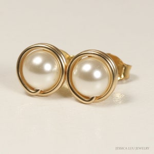 Gold Ivory Pearl Stud Earrings Minimalist 6mm 8mm 10mm Round Cream Ball Posts Handmade Jewelry Bridal Gifts
