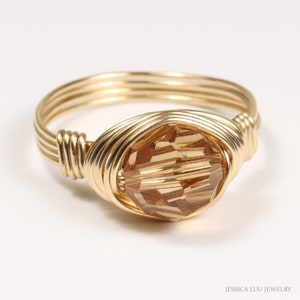 Gold Champagne Ring 8mm Faceted Round Honey Brown Light Colorado Topaz Crystal Solitaire Right Hand Ring Handmade Jewelry