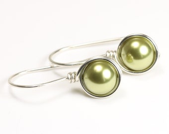 Pendientes colgantes de perlas verde oliva, plata de ley u oro, joyería hecha a mano.