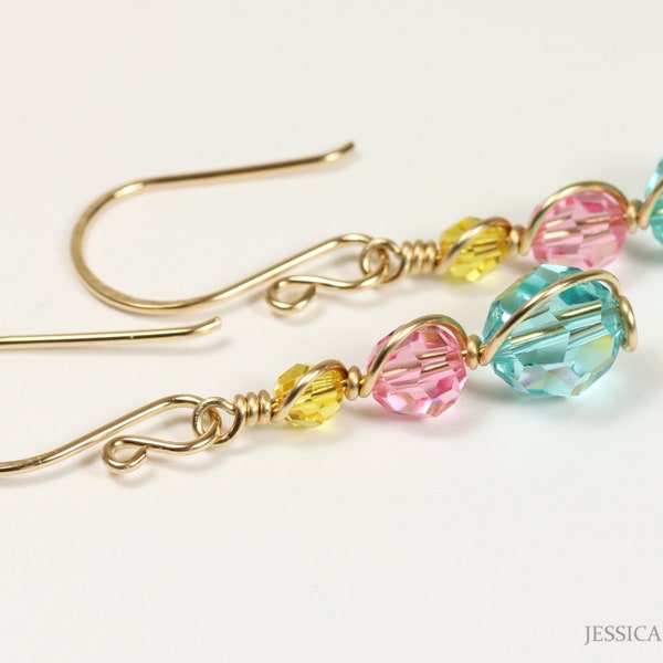 Aqua Pink Yellow Gold Dangle Earrings - Bright Fun Candy Colored Three Crystal Handmade Jewelry Light Rose Turquoise Topaz