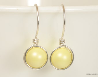 Light Yellow Pearl Drop Earrings - Sterling Silver or Gold Filled Wire Wrapped Pastel Handmade Jewelry