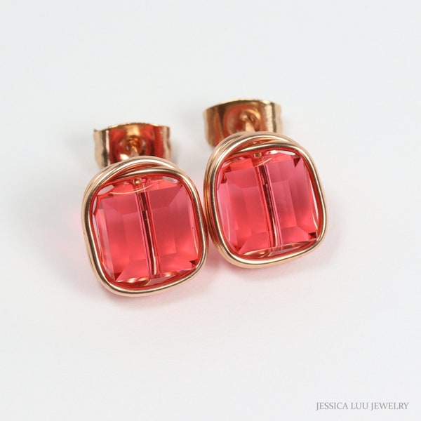 Rose Gold Salmon Pink Stud Earrings Large 8mm Padparadscha Cube Square Austrian Crystal Handmade Jewelry