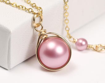 Handmade 14k Rose Gold Filled Pink Pearl Solitaire Necklace