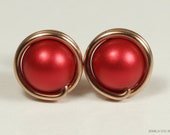 Rose Gold Red Pearl Stud Earrings - Wire Wrapped Round Rouge Pearl Ball Posts Handmade Jewelry Gifts for Women