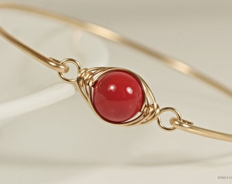 Gold Red Coral Bangle Bracelet -Yellow or Rose Gold Filled Wire Wrapped Solitaire Slide On Bangle Handmade Jewelry for Women