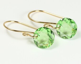 Gold Peridot Green Dangle Earrings Modern Minimalist 10mm Round Crystal Handmade Jewelry August Birthstone