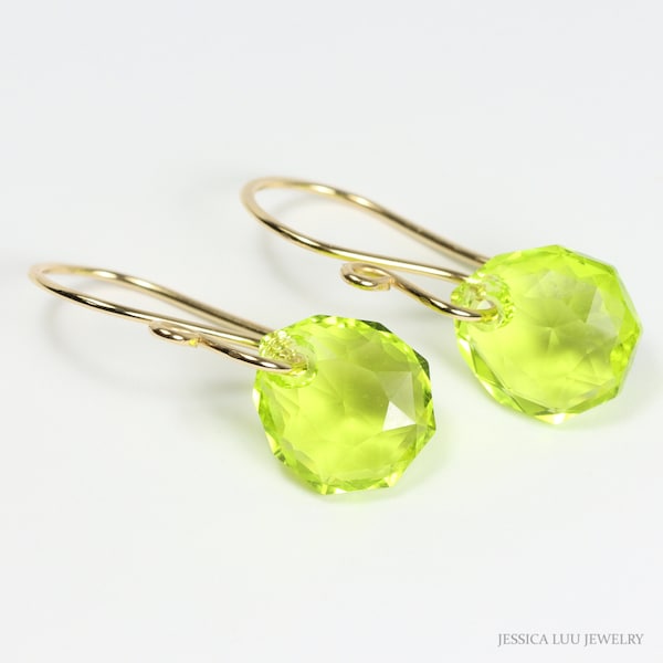 Gold Chartreuse Green Dangle Earrings, Yellow or Rose Gold Earrings, Lime Citrus Crystal Pierced Earrings, 14K Gold Filled, Handmade Gifts