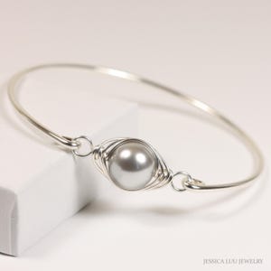 Light Grey Pearl Bangle Bracelet: Sterling Silver or Gold Filled Wire Wrapped
