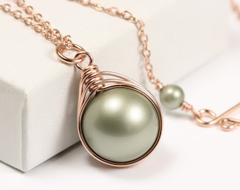 Handmade Rose Gold Wire Wrapped Sage Green Pearl Necklace