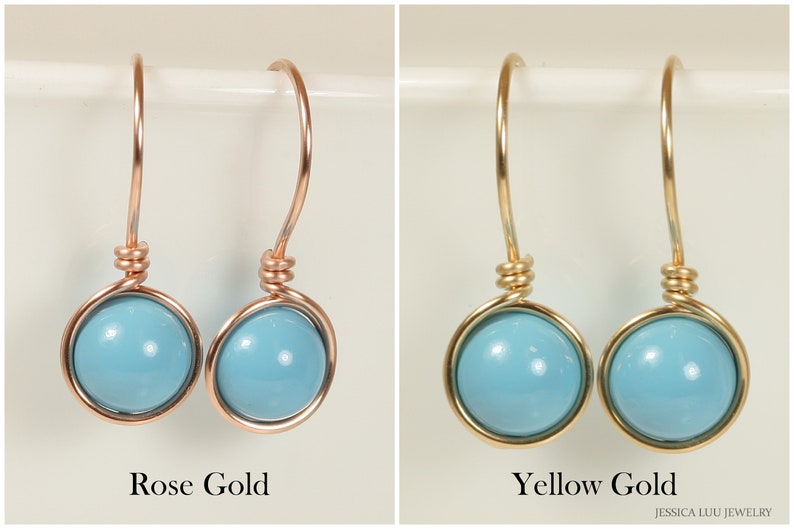 Rose Gold Turquoise Earrings Small Wire Wrapped Blue Pearl Dangles Handmade Jewelry Gifts for Women and Girls Matching Necklace Available
