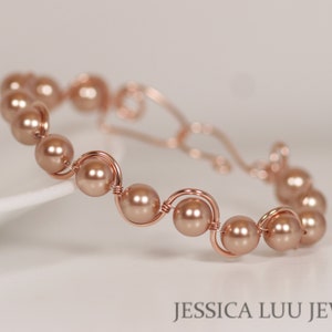 14K rose gold filled bracelet 7.5 inches around with multiple 8mm rose gold metallic pearls handmade by Jessica Luu Jewelry