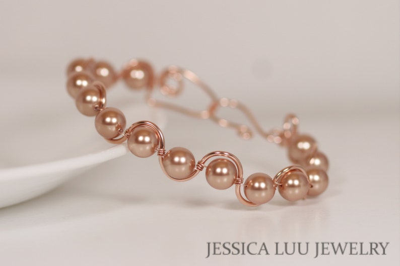 14K rose gold filled bracelet 7.5 inches around with multiple 8mm rose gold metallic pearls handmade by Jessica Luu Jewelry