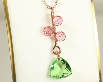 Rose Gold Peridot Green Light Pink Necklace Trilliant Cut Crystal Pendant Handmade Jewelry Gifts August Birthstone