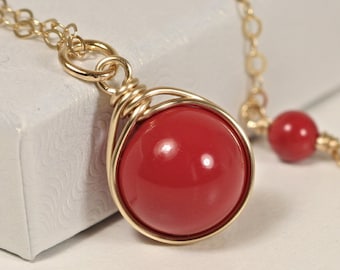 Gold Red Coral Pearl Pendant Necklace: 14K Gold Filled, Handmade