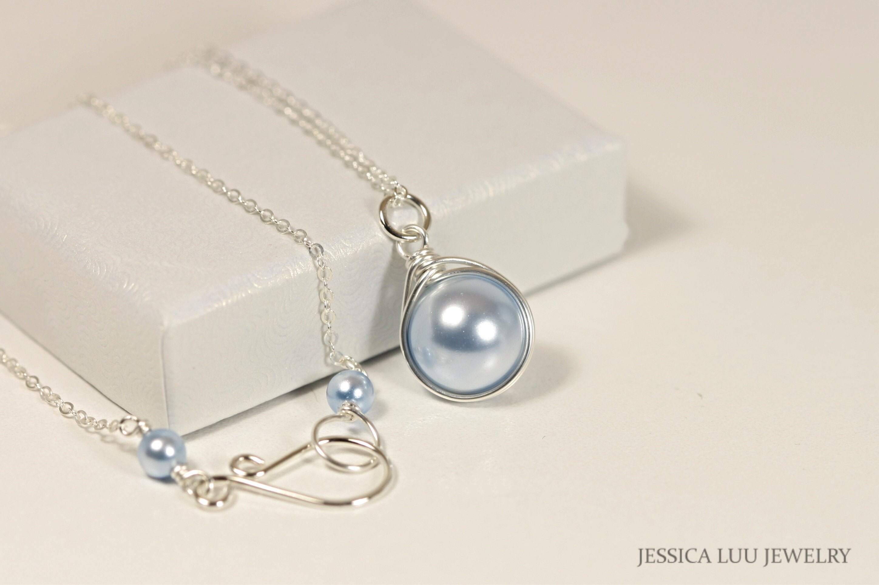 Light Blue Pearl Necklace Wire Wrapped Jewelry Sterling Silver Etsy