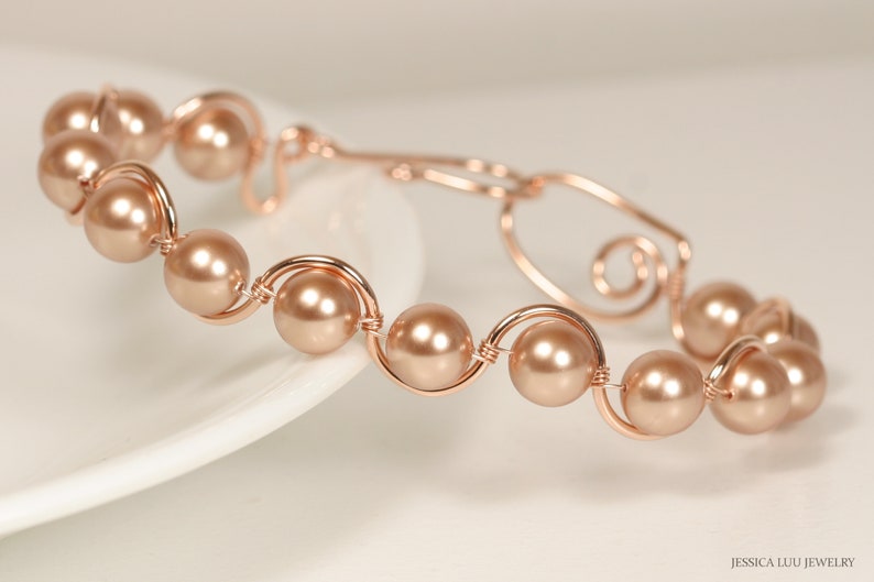 14K rose gold filled bracelet 7.5 inches around with multiple 8mm rose gold metallic pearls handmade by Jessica Luu Jewelry