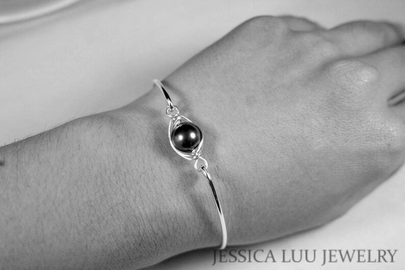 Dark Grey Pearl Bangle Bracelet Sterling Silver Bracelet Etsy