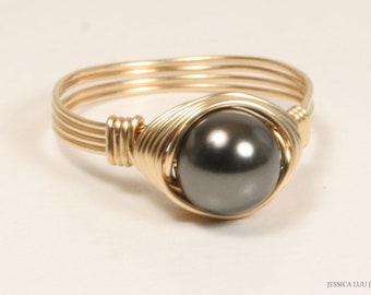 Black Pearl Ring, Yellow or Rose Gold Ring, Right Hand Ring, Pearl Solitaire Ring, Gifts for Women, 14K Gold Filled Ring