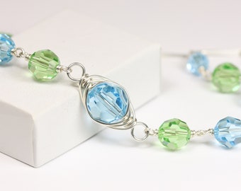 Aquamarine Peridot Crystal Bracelet Sterling Silver Blue Green Beaded Link Handmade Jewelry Wire Wrapped March August Birthstone