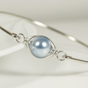 Pulsera de plata de ley con solitario de perla azul claro, joyería con alambre para mujer, con cierre deslizante.