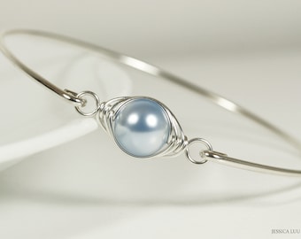 Light Blue Pearl Solitaire in Sterling Silver Bangle Bracelet, Wire Wrapped Jewelry for Women, Slide on Bangle