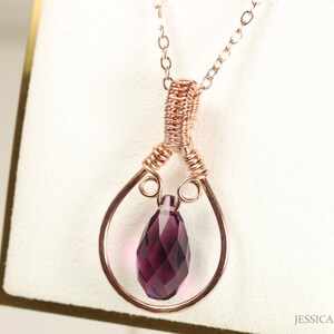 Rose Gold Amethyst Purple Necklace Faceted Teardrop Briolette Crystal Pendant on Chain Jewelry Handmade February Birthstone
