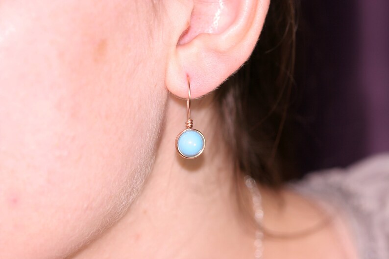 Rose Gold Turquoise Earrings Small Wire Wrapped Blue Pearl Dangles Handmade Jewelry Gifts for Women and Girls Matching Necklace Available