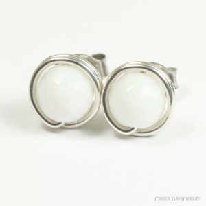 White Alabaster Gemstone Stud Earrings Sterling Silver or Gold Filled Faceted Round 6mm 8mm or 10mm Stone Ball Posts Handmade Jewelry