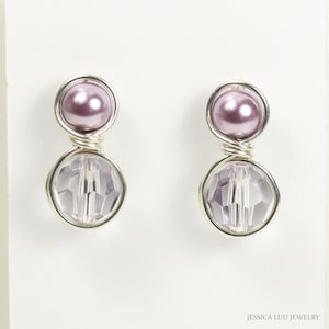 Mauve Purple Pearl and Crystal Drop Earrings Sterling Silver Posts Handmade Jewelry Gifts for Women