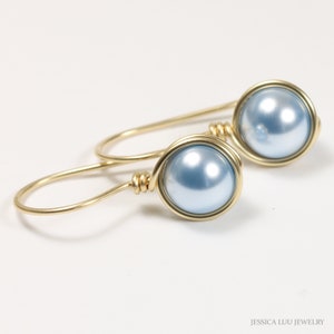 Light Blue Pearl Earrings - 14K Gold Filled Wire Wrapped Round Drops Handmade Jewelry