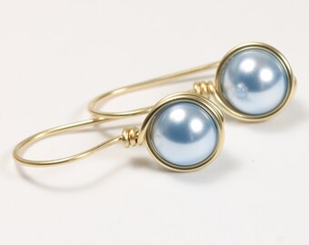 Light Blue Pearl Earrings - 14K Gold Filled Wire Wrapped Round Drops Handmade Jewelry