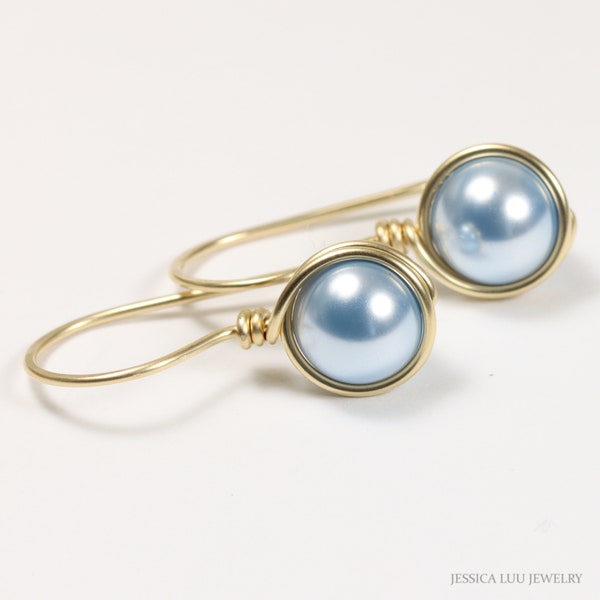 Light Blue Pearl Earrings - 14K Gold Filled Wire Wrapped Round Drops Handmade Jewelry